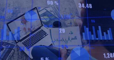 Man on laptop call tapping tablet bar charts tracking finance KPIs, overlay Stock Photos
