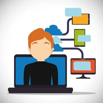 Man laptop cloud connect technology device chatting Stock Illustration