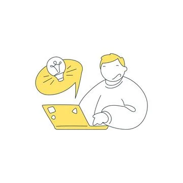 A Man At A Laptop Comes Up With A Creative Idea Vector Illustration イラスト素材