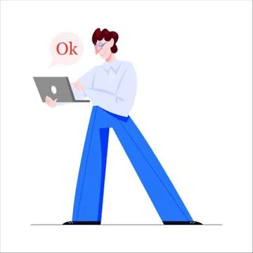 Man with laptop computer. Character working on notebook Illustrazione stock