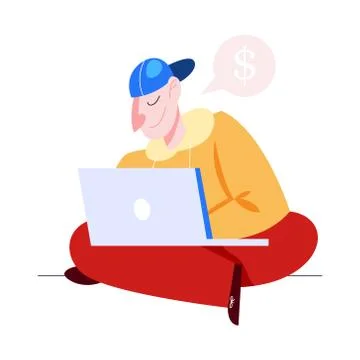 Man with laptop computer. Character working on notebook Stockillustratie
