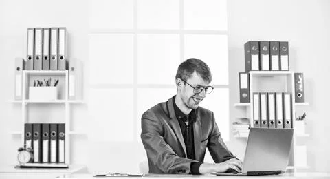 Man with laptop computer work in office, web developer concept Stock Photos