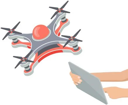Man with laptop controls flying drone. Drone delivery and shipment innovation Stock Illustration