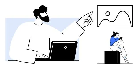 Man with laptop gesturing towards graph, woman sitting and using tablet. Idea Stock Illustration