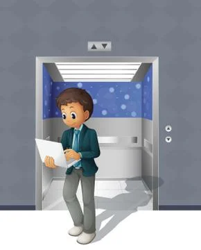 A man with a laptop going out from the elevator Ilustración de archivo