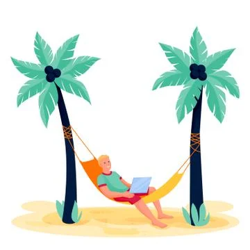 Man with laptop in hammock. Vector flat cartoon character illustration. Worki Stock Illustration