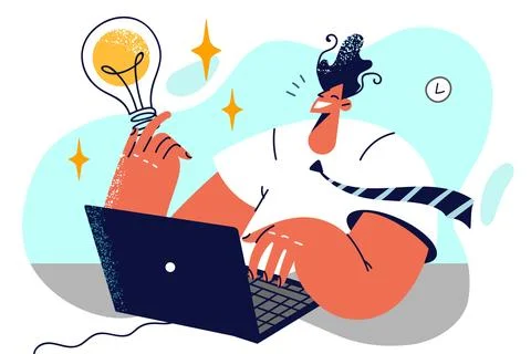 Man with laptop holds giant light bulb symbolizing innovative idea for business Stock Illustration