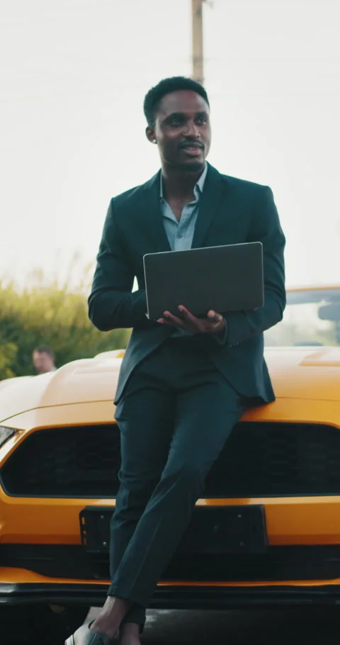 Man with Laptop Leaning on Car Stock Footage 319380680