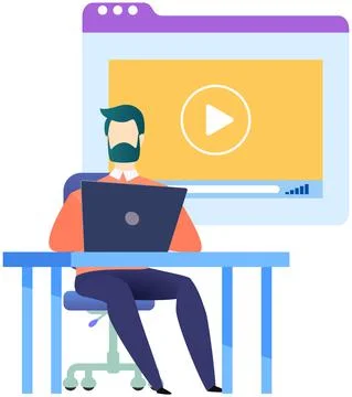Man with laptop looking at video tutorial on screen. Male character watching Stock Illustration