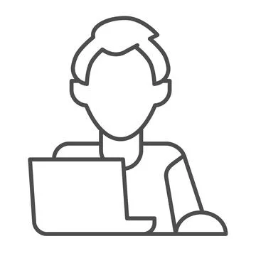 Man on laptop with mouse, freelancer, programmer thin line icon, work concept Illustrazione stock