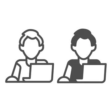 Man on laptop with mouse, freelancer, programmer line and solid icon, work Stock-Illustration