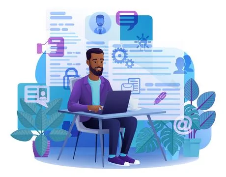 Man Laptop Online Remote Working Internet Cartoon Stock Illustration