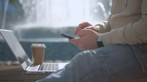Man laptop park. Working. Happy successful man male freelancer working on laptop Stock Footage 258653242