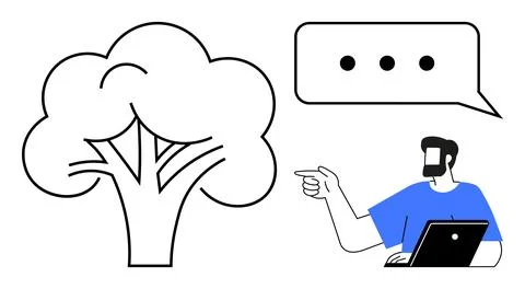 Man with laptop pointing at abstract tree with speech bubble, symbolizing c.. Stock Illustration