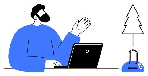 Man with laptop raises a hand while working remotely. Blue sweater, pine tree Illustrazione stock