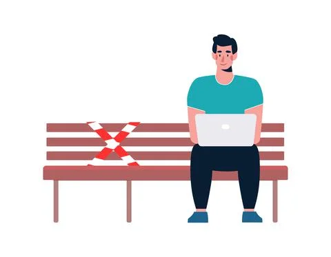 A man with a laptop sits alone on a bench. There is a designated place on the Stock Illustration