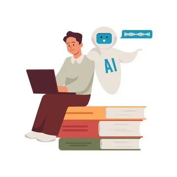 Man with laptop sitting on a stack of books, AI assistance robot chat bot Stock Illustration