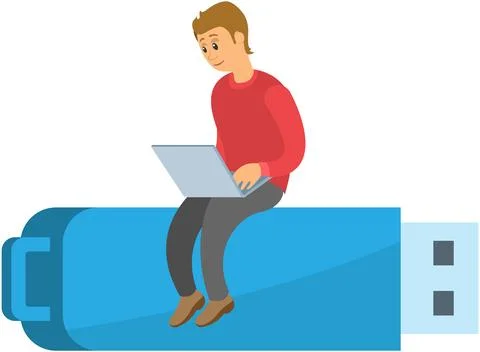 Man with laptop sitting on USB flash drive isolated on white. Memory stick sign Illustrazione stock
