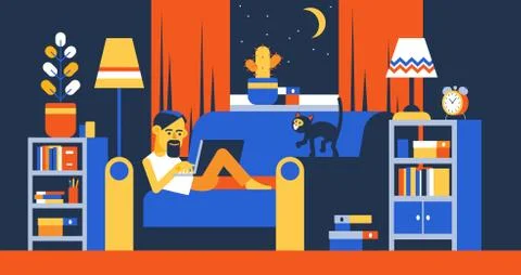 Man with laptop on sofa working remotely at night Stock Illustration