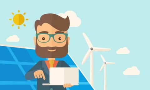 Man with laptop in solar panel Stock Illustration