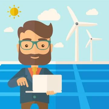 Man with laptop in solar panel Stock Illustration