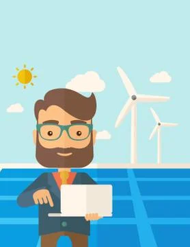 Man with laptop in solar panel Stock Illustration