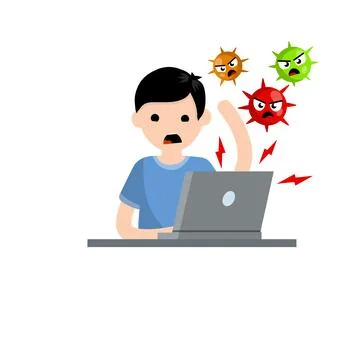 Man at laptop with virus. problem with the computer. Stock Illustration