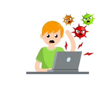 Man at laptop with virus. problem with computer. Online threat. Stock Illustration