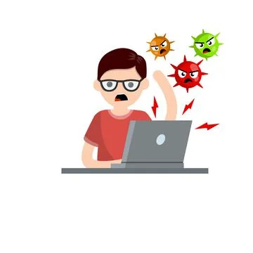 Man at laptop with virus. problem with computer. Online threat. Stock Illustration