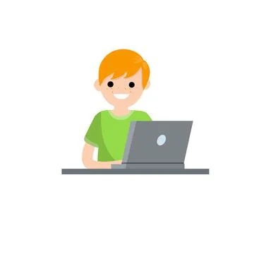 Man with laptop. Work at computer. Smiling happy man in green t-shirt. Stock Illustration