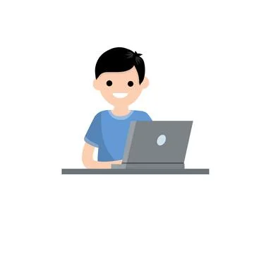 Man with laptop. Work at computer. Smiling happy man in blue t-shirt. Stock Illustration