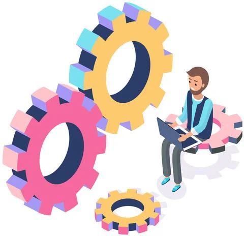 Man with laptop working with settigns program. Operating system maintenance Stock Illustration