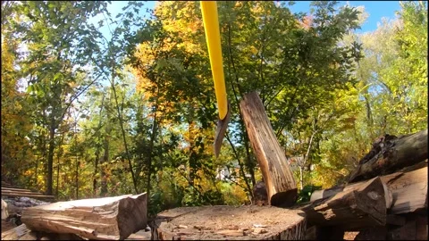 Man with Large Axe Cutting Wood in Slow Motion Stock Footage 142314734