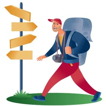 Man with a large backpack and a camera steps in large steps past a post with Stock Illustration