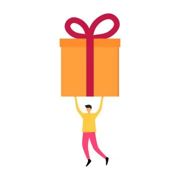 Man with a large gift box above his head. Festive mood. Vector illustration. Stock Illustration