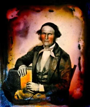 Man with large mutton chop sideburns, holding book, Ambrotype photo circa 1850 Stock Illustration
