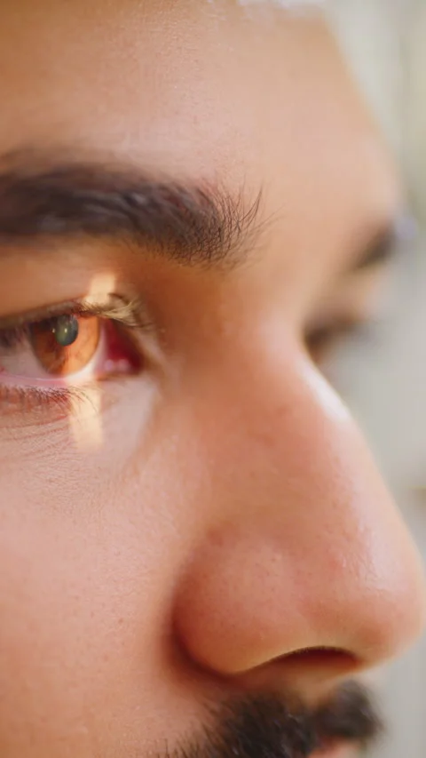 Man, laser and eye exam with scan for vision test, sight or healthcare in Stock Footage 327279393
