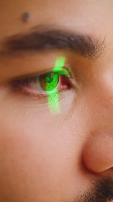 Man, laser and eye scan with iris for vision test, sight or healthcare in Stock Footage 327278256