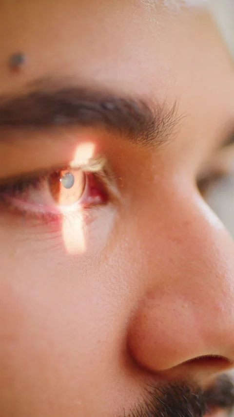 Man, laser and eye test with scan for vision exam, sight or healthcare in Stock Footage 327252673