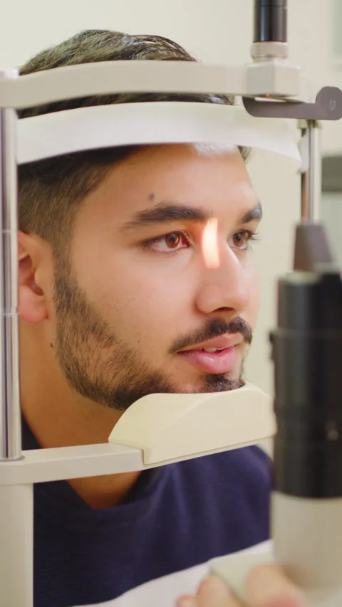 Man, laser machine or eye exam with vision test for sight or healthcare in Stock Footage 327298951