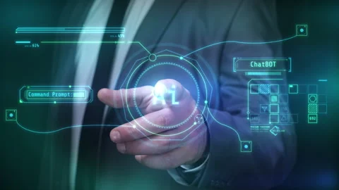 A man launches a chatbot by pressing his finger. Stock Footage 249649685