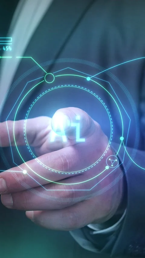 A man launches a chatbot by pressing his finger. Stock Footage 282324730