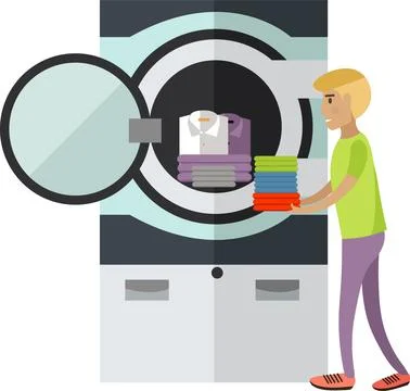 Man at laundromat vector icon isolated on white Stock Illustration