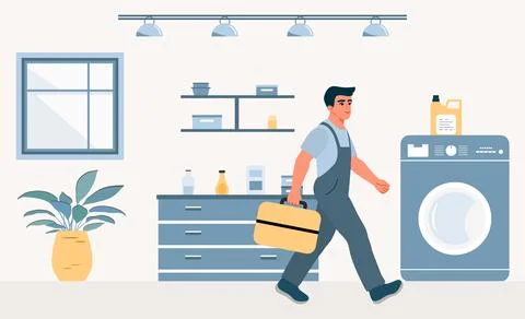 Man in laundry room carrying toolbox walking with focus on repair task and .. Stock Illustration