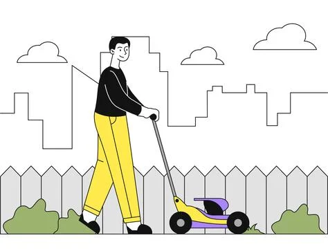 Man with lawnmower. Young guy mows lawn in backyard. Routine and household Stock Illustration
