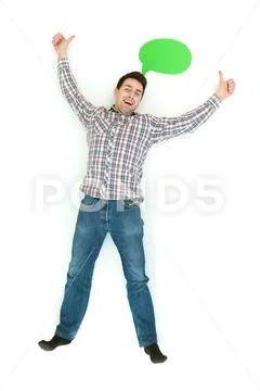 The man lay and thumbs up on the white background. View from above Stock Photos