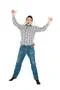 The man lay and thumbs up on the white background. View from above Photo