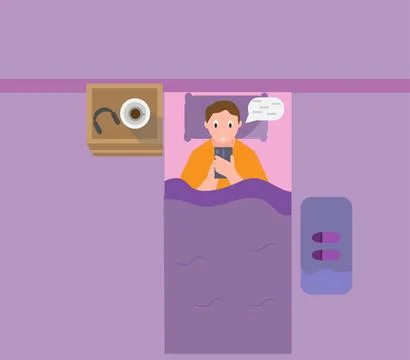 Man laying in bed and using smartphone late night. Stock Illustration