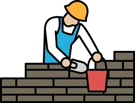 A man is laying bricks and using a bucket to hold the mortar Stock Illustration