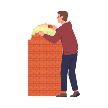 Man Laying Bricks Building Wall as Problematic Communication and Ilustración de archivo